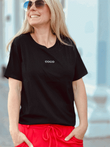 Wundervolles T-Shirt mit Glitzerschriftzug "COCO" kann von Größe 34-42 getragen werden, Schwarz