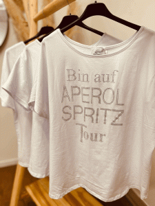 HERZALLERLIEBST - Shirt mit Strass "APEROL SPRITZ TOUR" kann von Größe 36-44 getragen werden, Weiß-Gold