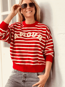 Statement Pullover im Streifen-Look "AMOUR" kann von Größe 36-42 getragen werden, Rot