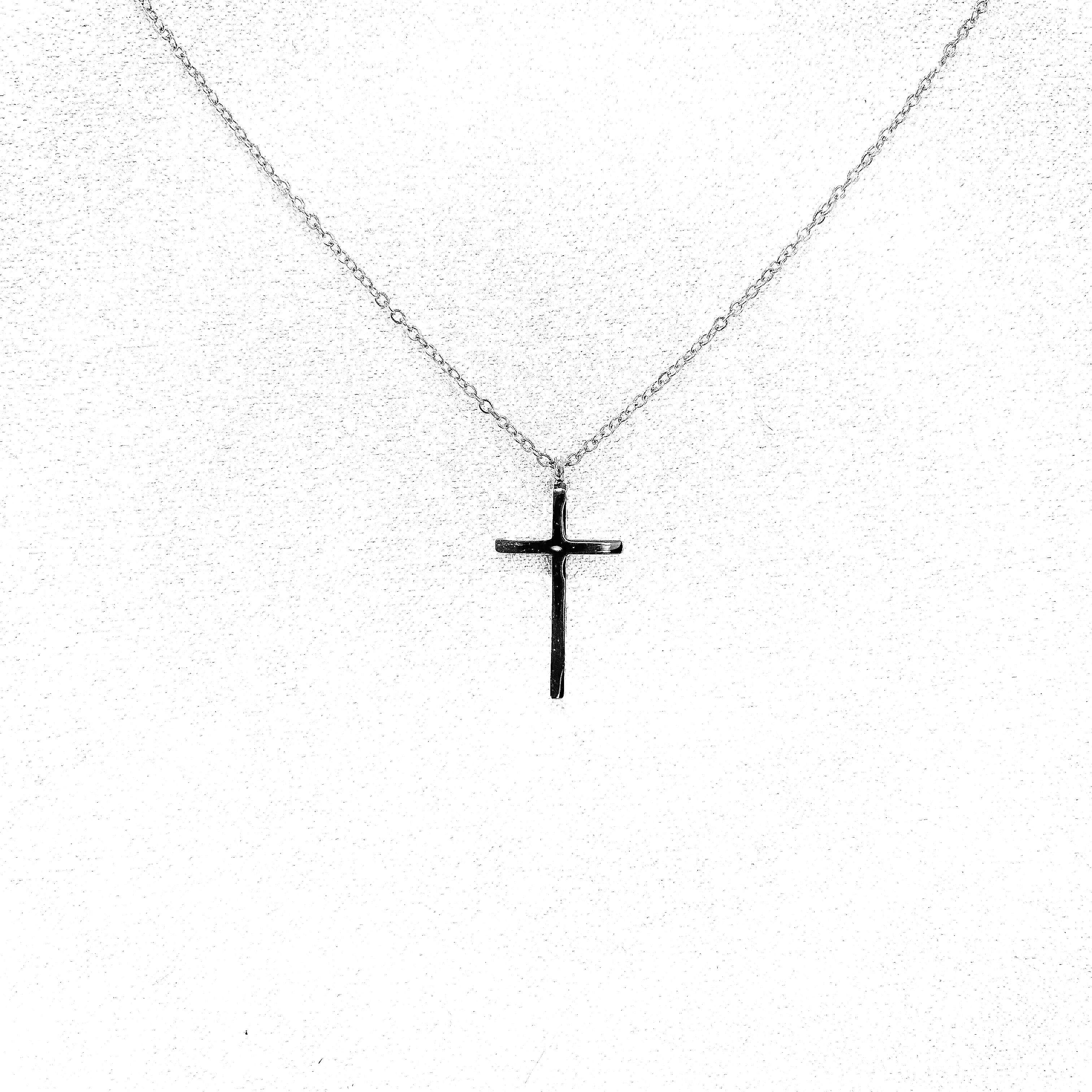 Kreuzkette Gunmetal Edelstahl mit kleinem gebogenem Kreuz, Auf Lager!