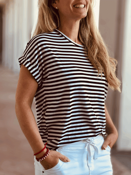 Super softers gestreiftes T-Shirt "ANNA" kann von Größe 36-42 getragen werden, Weiß-Schwarz