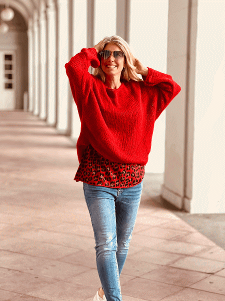 Leichter Grobgestrickter Pullover "Betty" kann von Größe 36-42 getragen werden, Rot