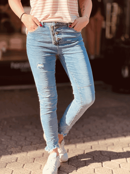 Super bequeme Jeans "AMIRA" mit Reißverschluss und Knopfleiste, in den Größen XS-XL wählbar, Light Denim