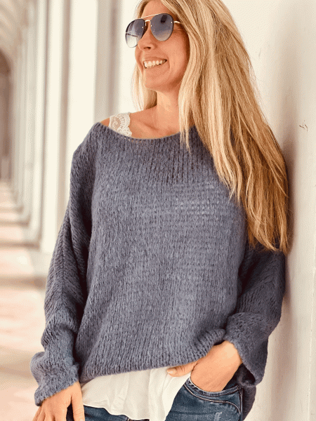 Leichter Grobgestrickter Pullover "BETTY" kann von Größe 36-42 getragen werden, Jeansblau